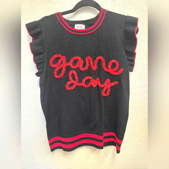 BiBi Game Day Red and Black Tinsel Puff Ruffle Sleeve Sweater Size  Small - Picture 3 of 10
